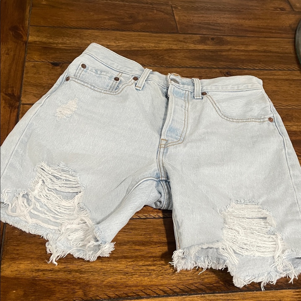 Levi’s 501 Mid Thigh Cutoff Denim Jean Shorts light wash blue button fly sz 27 - Picture 5 of 13